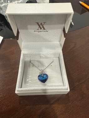Angel Blue Heart Crystal Pendant Necklace with Silver Chain